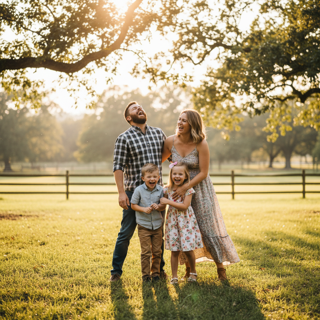 Bright joyful family moment with soft natural lighting, warm tones, happy atmosphere, gentle setting