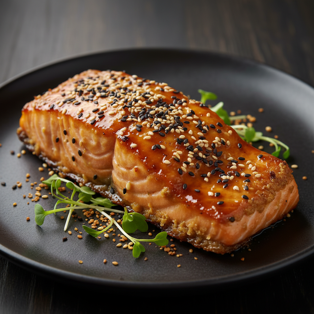Miso glazed salmon with edamame and rice in clean white bowl, bright natural studio lighting