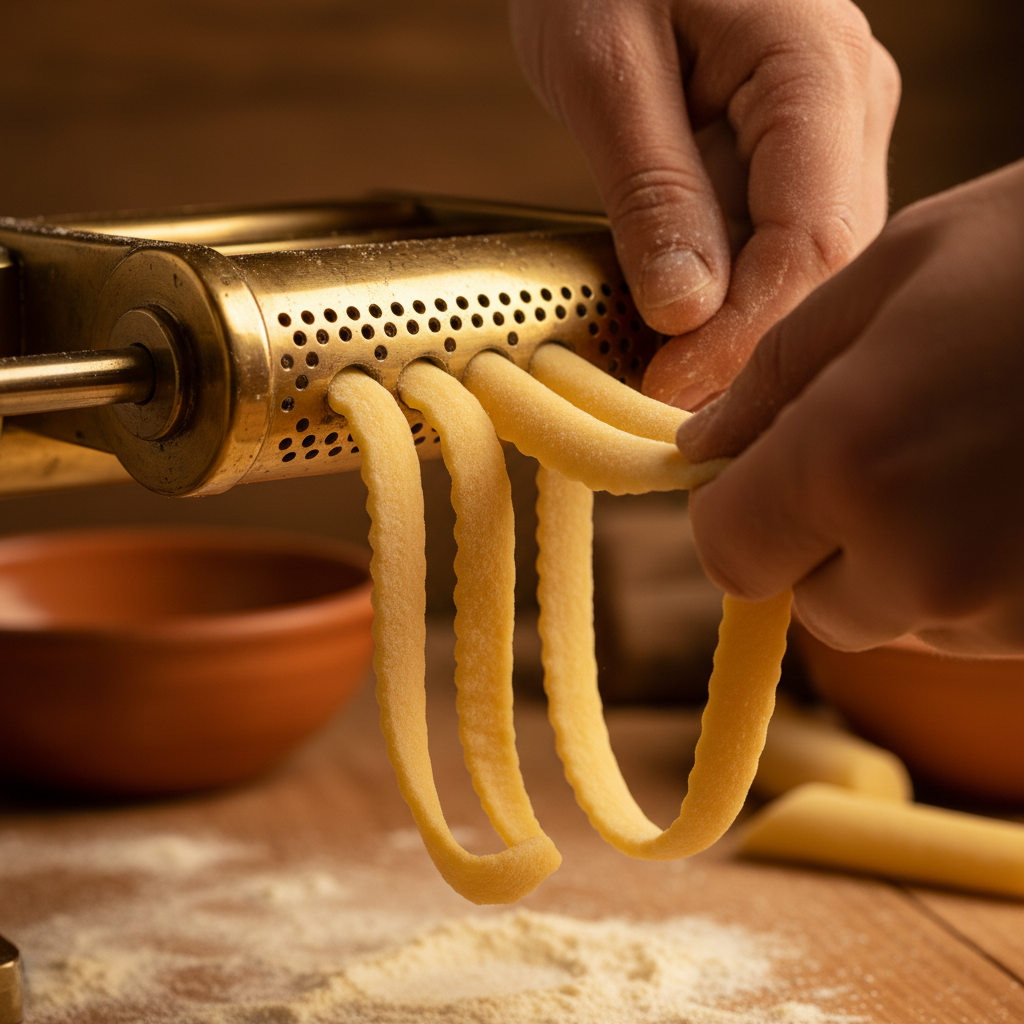 Hands pulling fresh pasta through brass pasta die, amber light, close crop