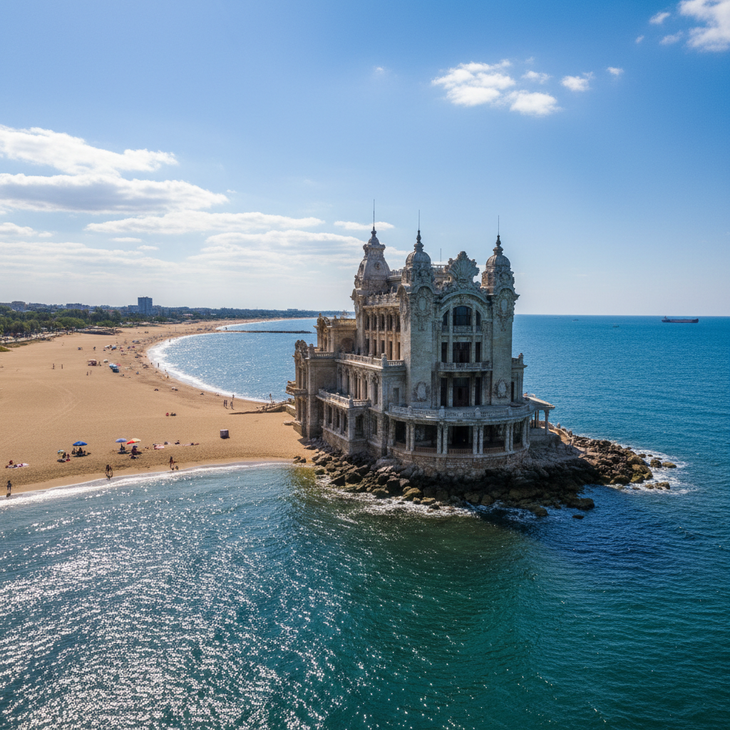 Constanta Casino and Black Sea coastline with sandy beaches
