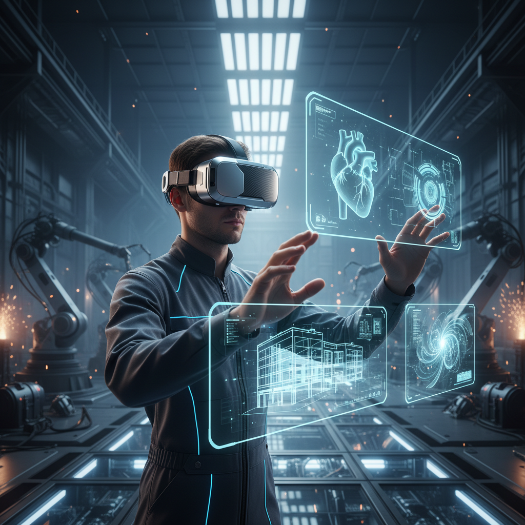 Person wearing AR headset at a standing desk with multiple virtual screens