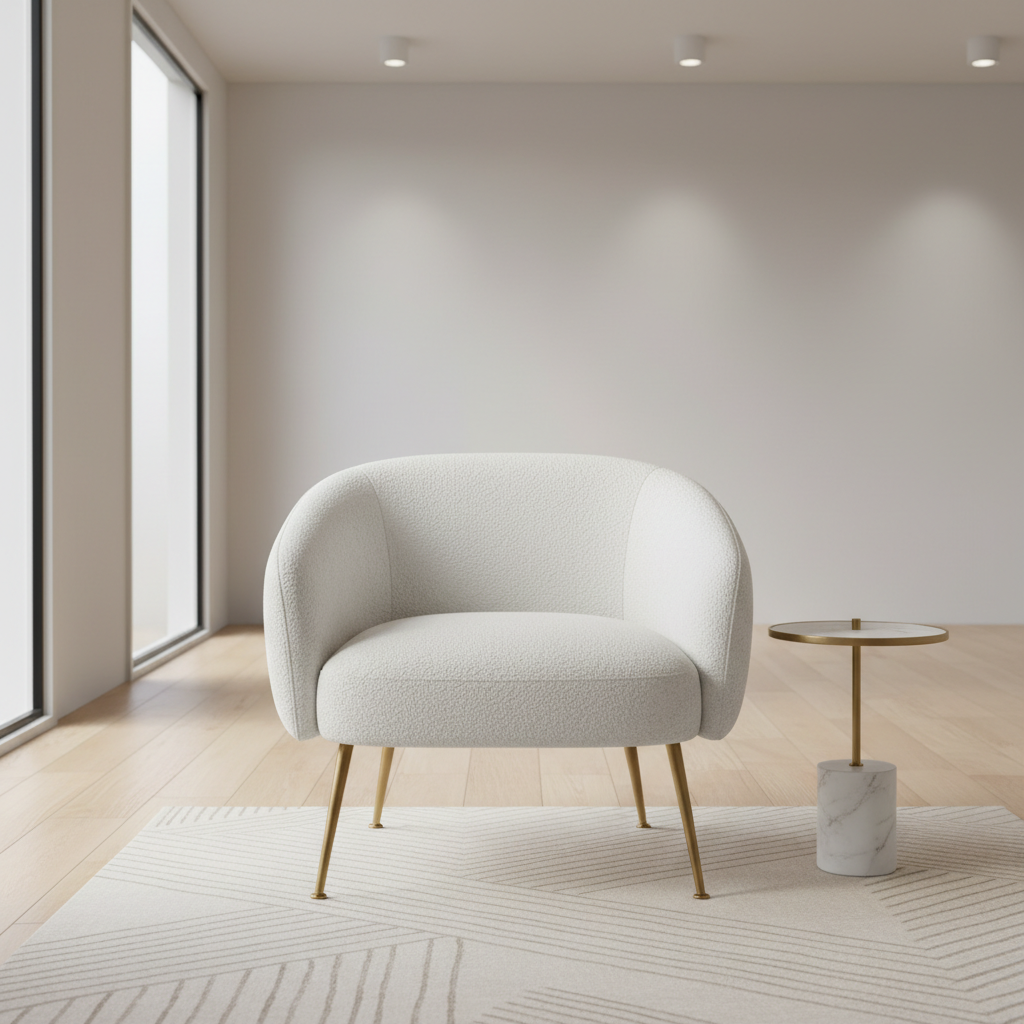 Cream boucle fabric dining chair with elegant brass legs in bright Scandinavian dining room