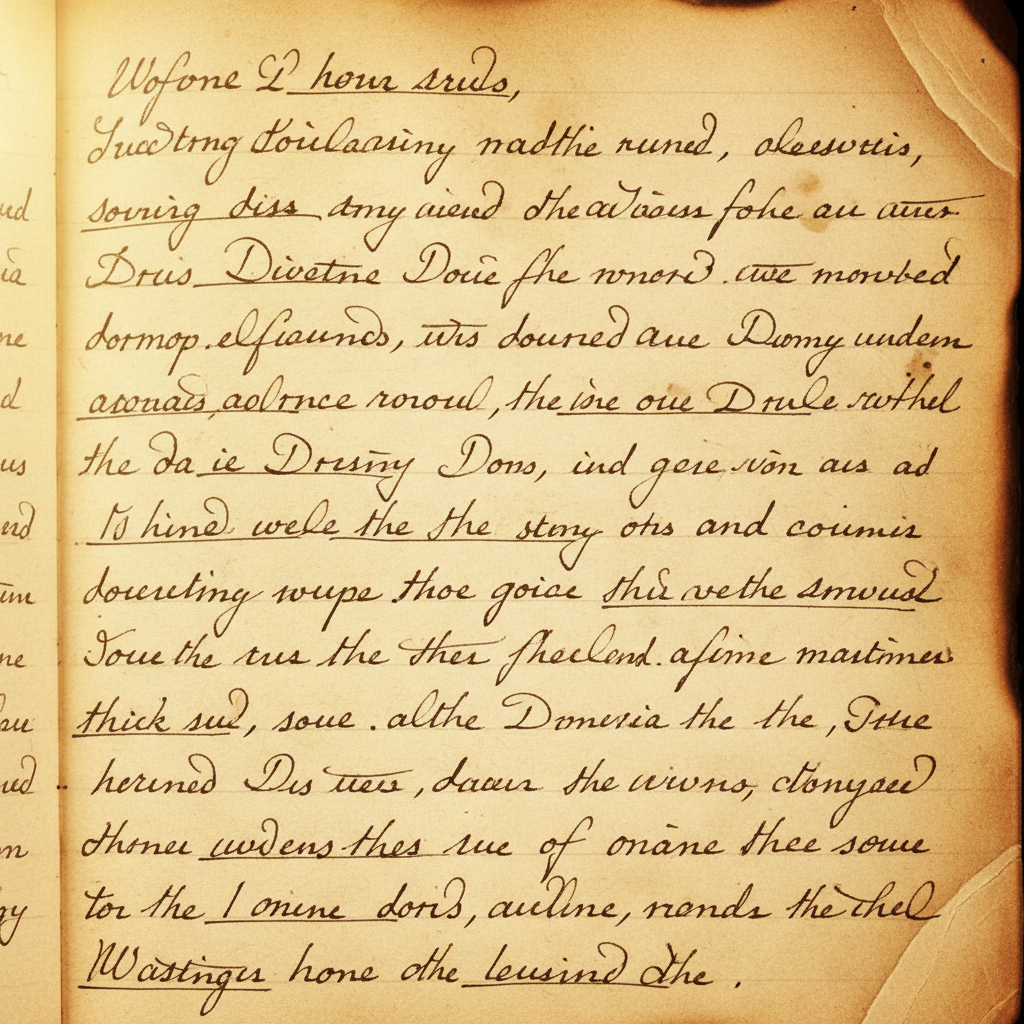 Handwritten journal page with dense cursive writing, some words underlined, edges of the paper warm and golden