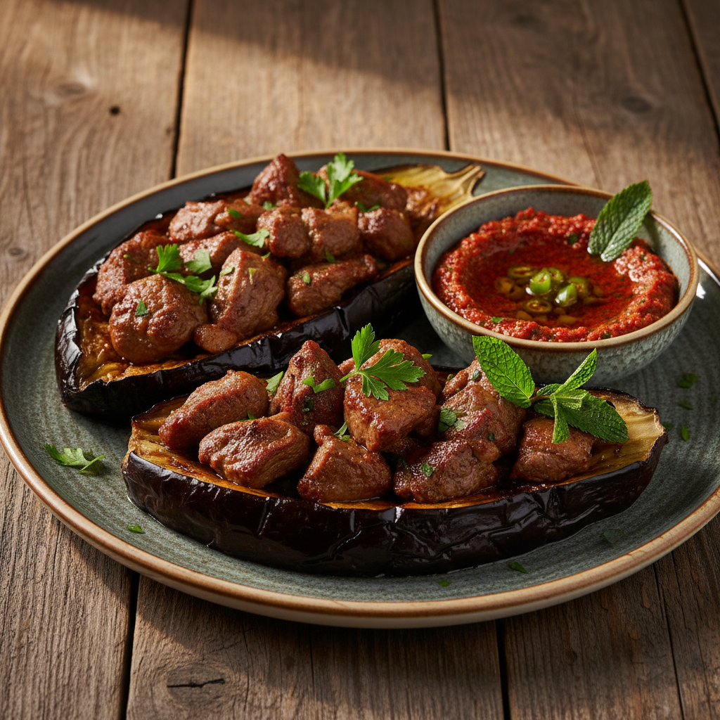 Patlıcan kebabı charred eggplant with lamb on a plate with ezme dip