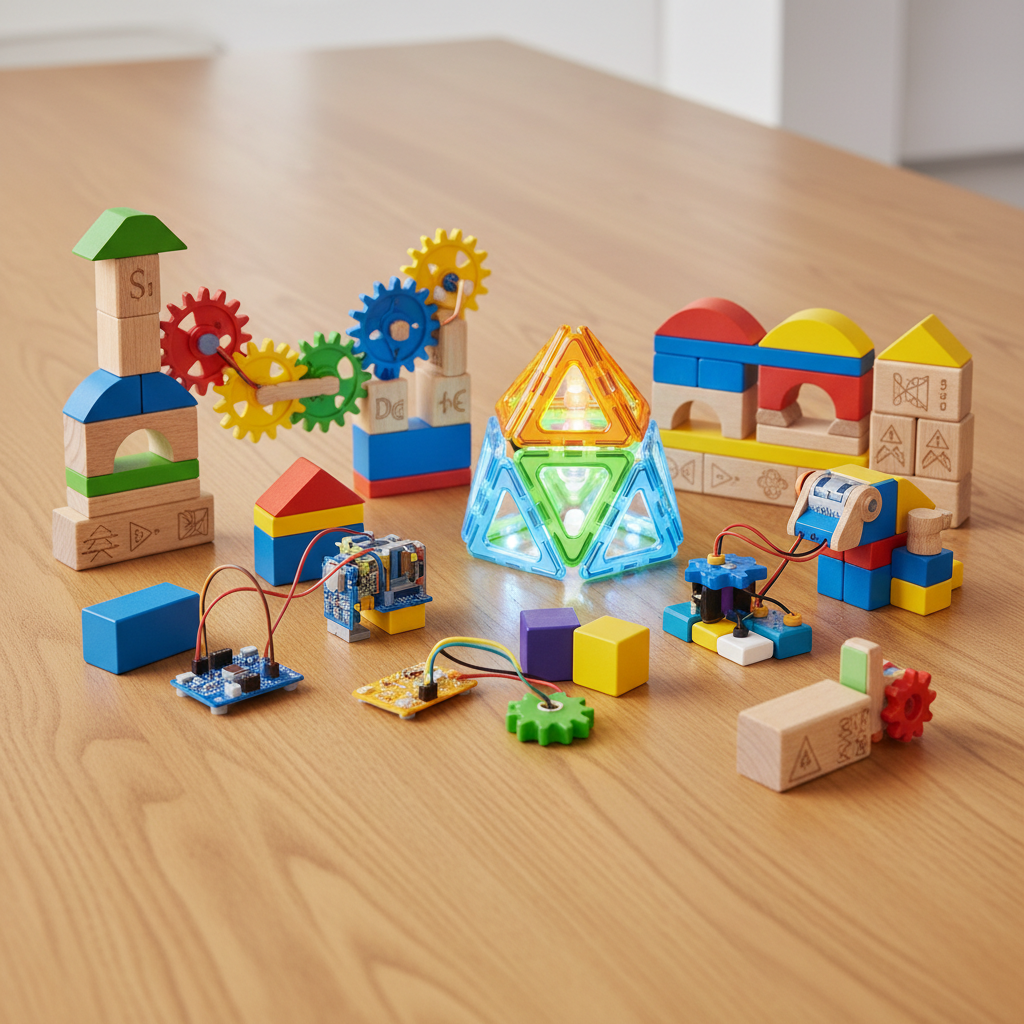 Colorful plastic building blocks and STEM construction toys on bright white table