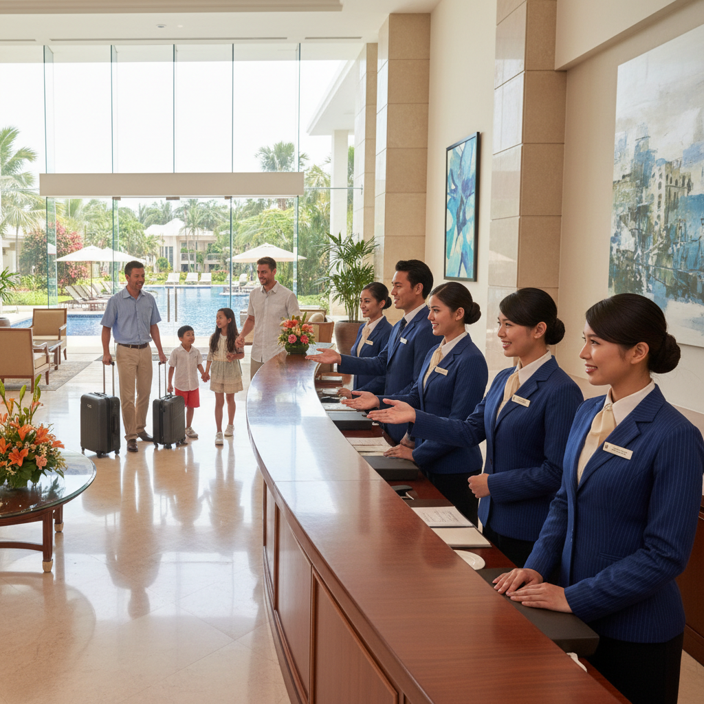Resort hotel concierge staff in coordinated tailored uniforms at front desk