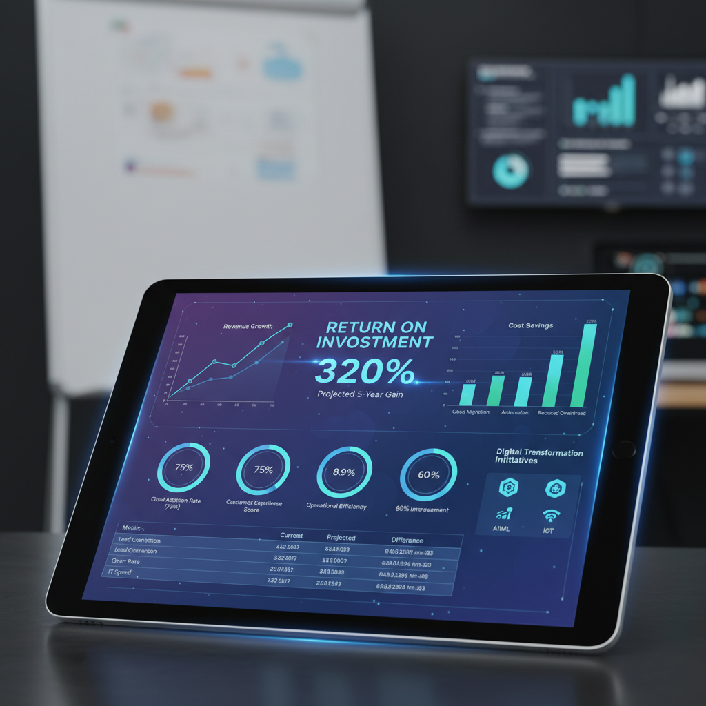 Business analytics dashboard showing digital transformation metrics and ROI calculations