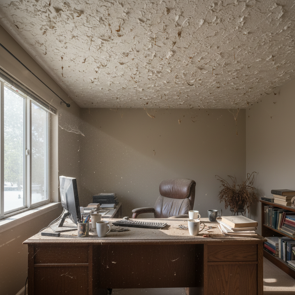 Home office with popcorn ceiling above desk area, textured surface collecting dust