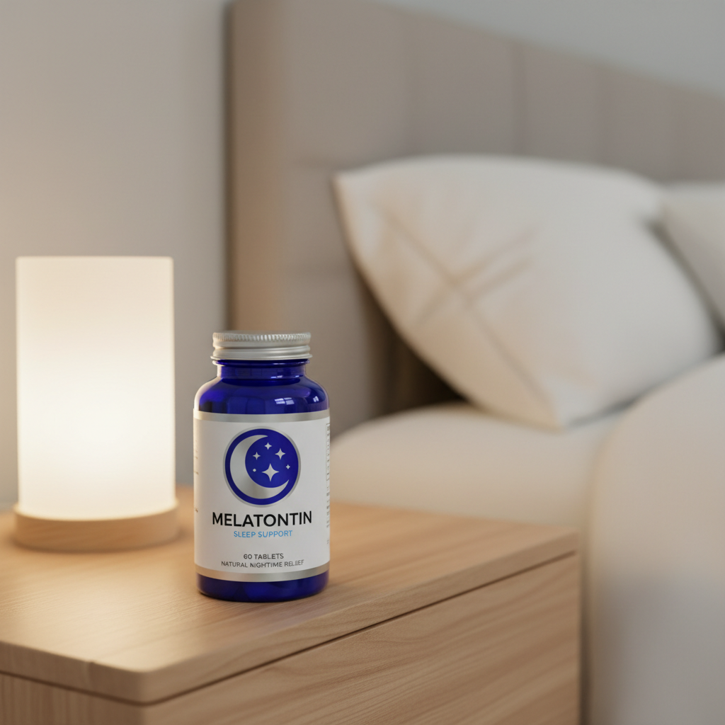 Midnight blue casein protein container on nightstand, soft lamp lighting, bedroom setting