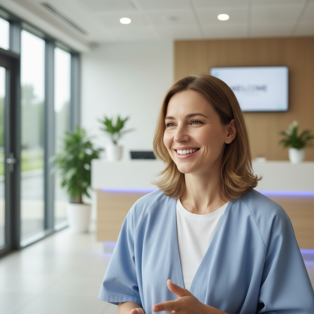 Woman sitting in a hospital waiting area, looking tired but hopeful