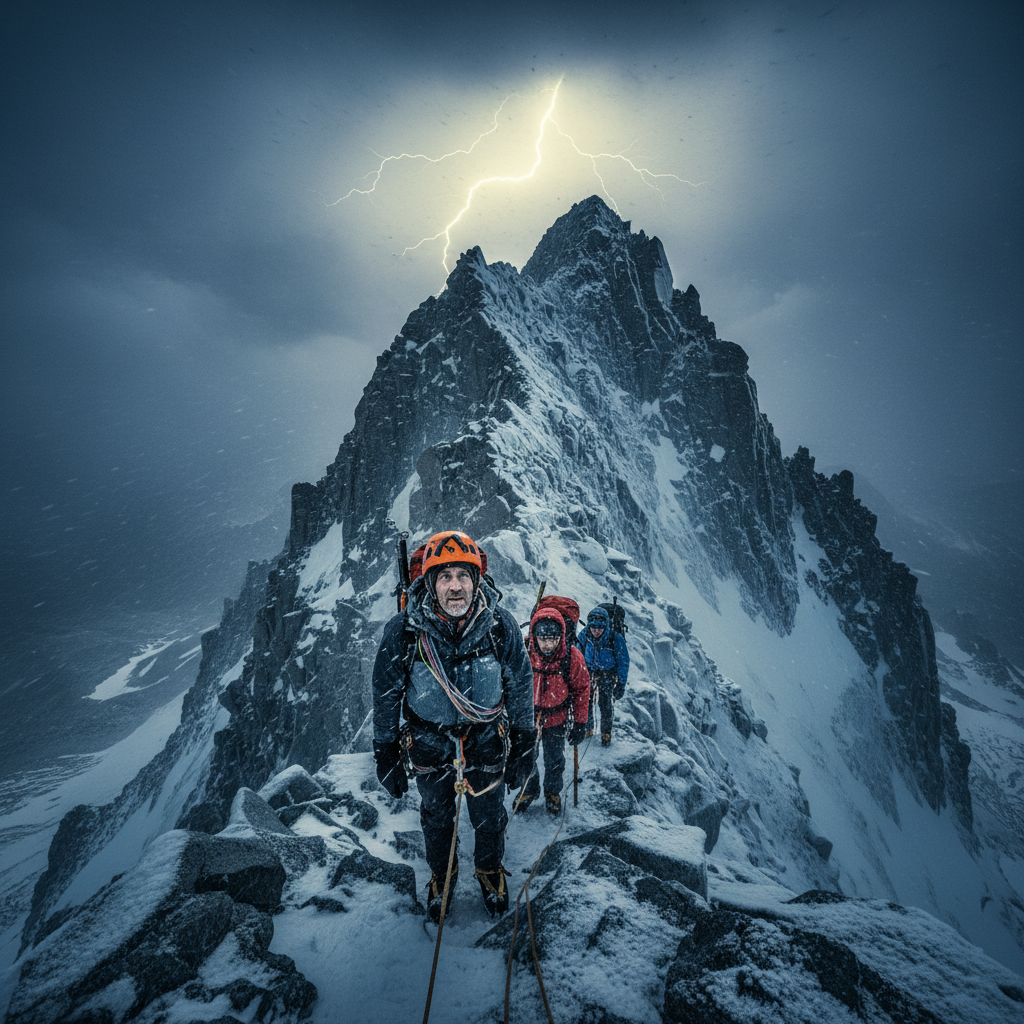 Extreme mountain climber on jagged rocky ridge, dark storm clouds overhead, dramatic deep shadows on cliffside, intense low-key lighting
