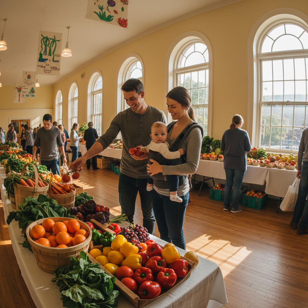Young family with a baby at a bright community center, looking at fresh produce together