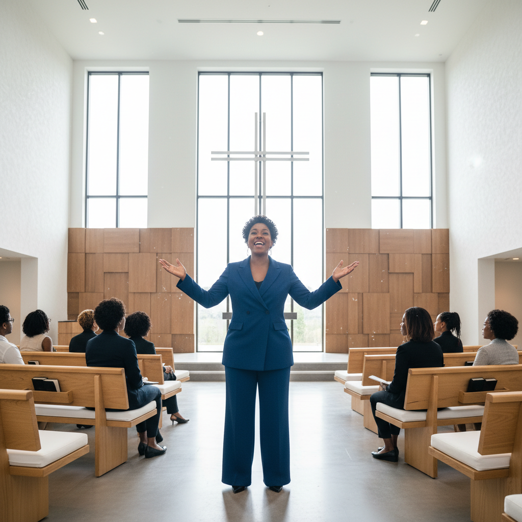 Woman speaking with hands gesturing expressively at a church pulpit, engaged congregation visible