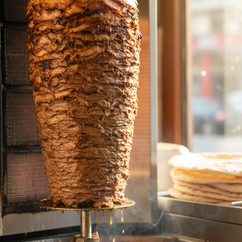 Shawarma spit with golden brown meat, steam rising, dim restaurant light