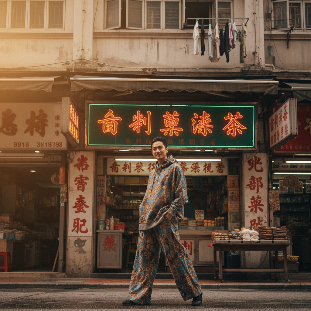 Styled editorial: oversized batik hoodie with wide-leg trousers, model standing in front of a traditional Hong Kong shopfront