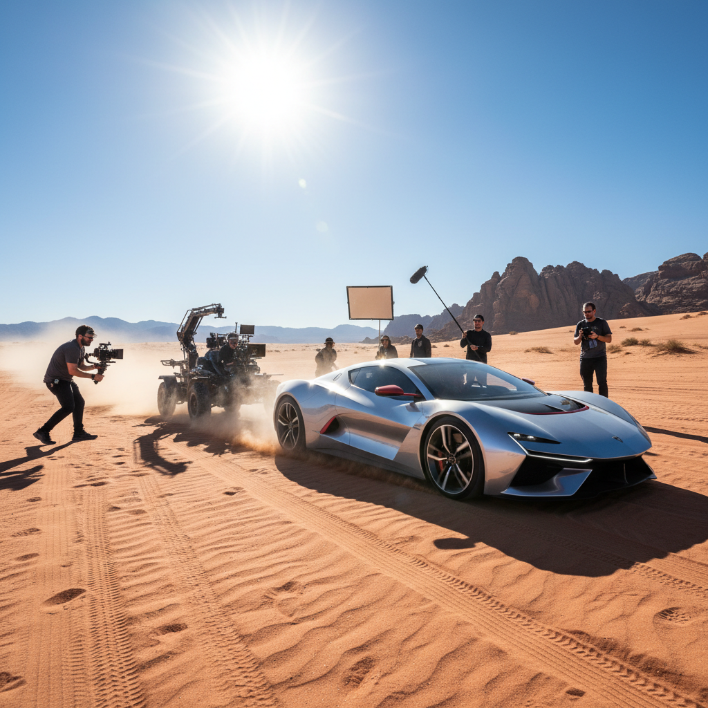 Throttle film production — camera crew shooting sports car at desert location