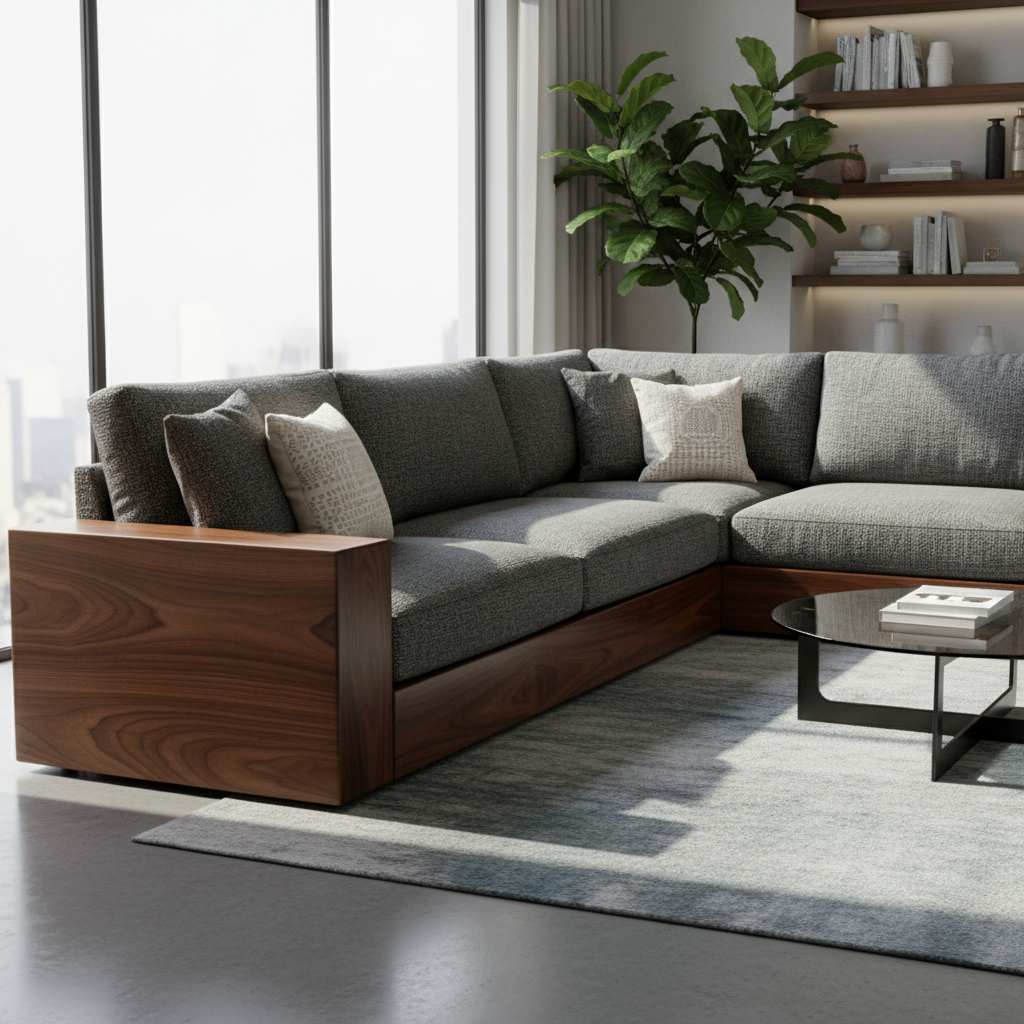 Custom bespoke sofa with rich dark fabric and walnut wood frame in a luxury interior setting