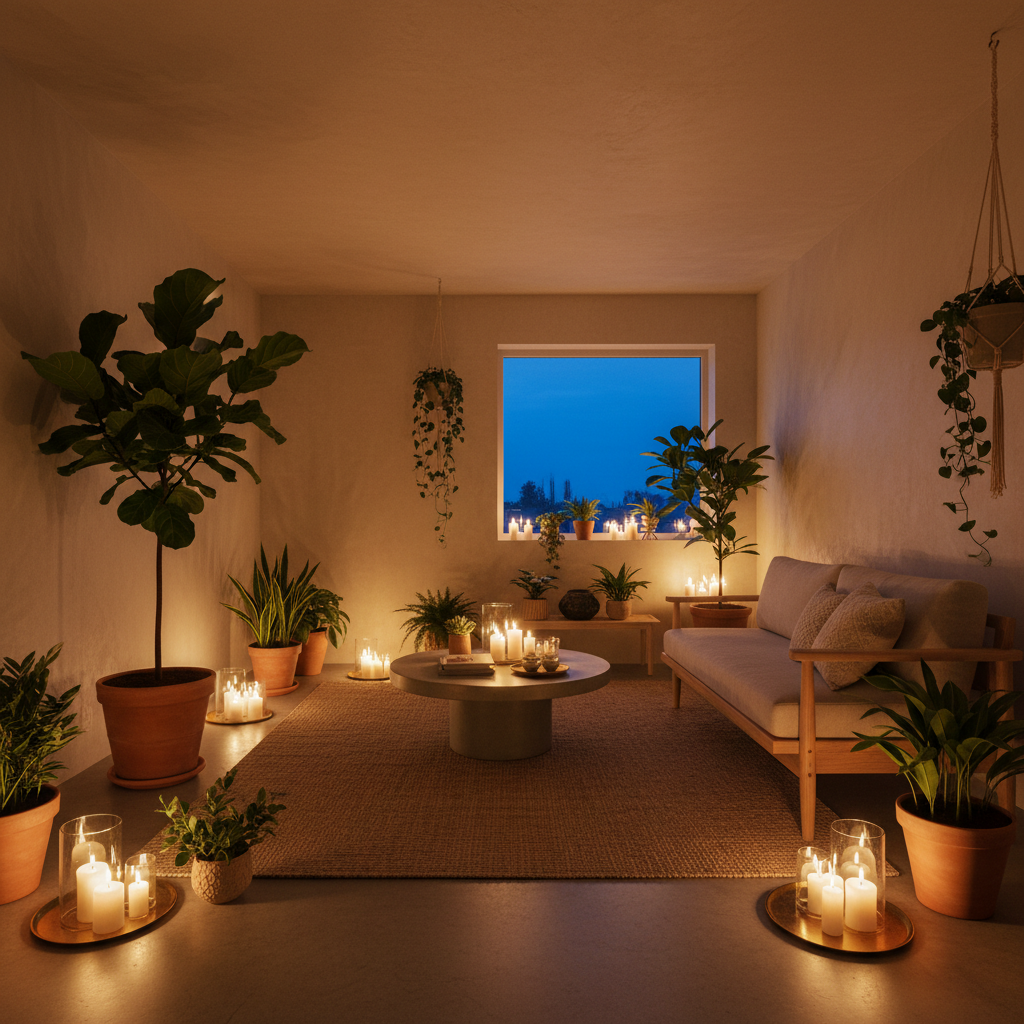 Minimalist home interior with botanical elements, warm candlelight, dark moody tones