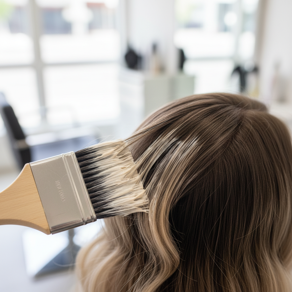 Close-up of balayage brush strokes feathering through hair section, creamy lightener on bristles