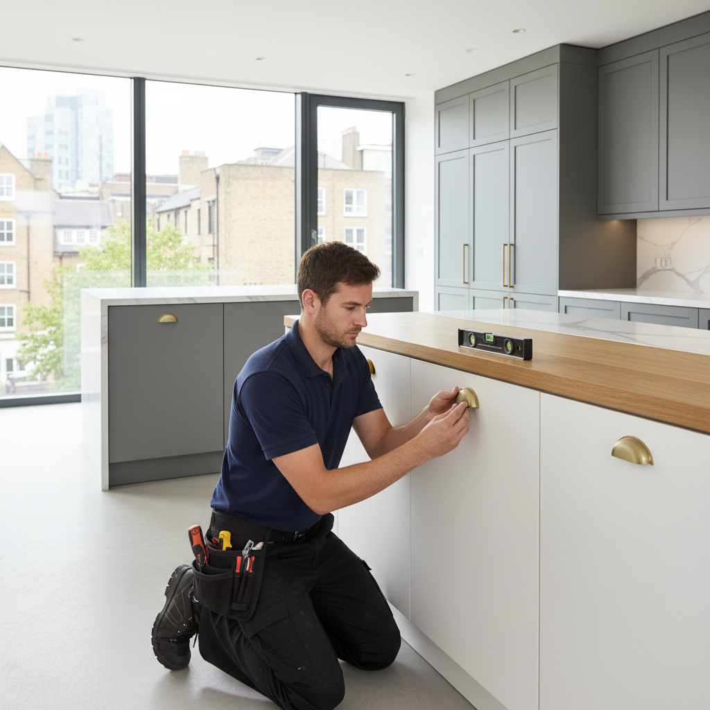 Sorted handyman in navy polo fitting brushed-brass cabinet hardware in a bright modern London kitchen, magnetic spirit level on oak worktop