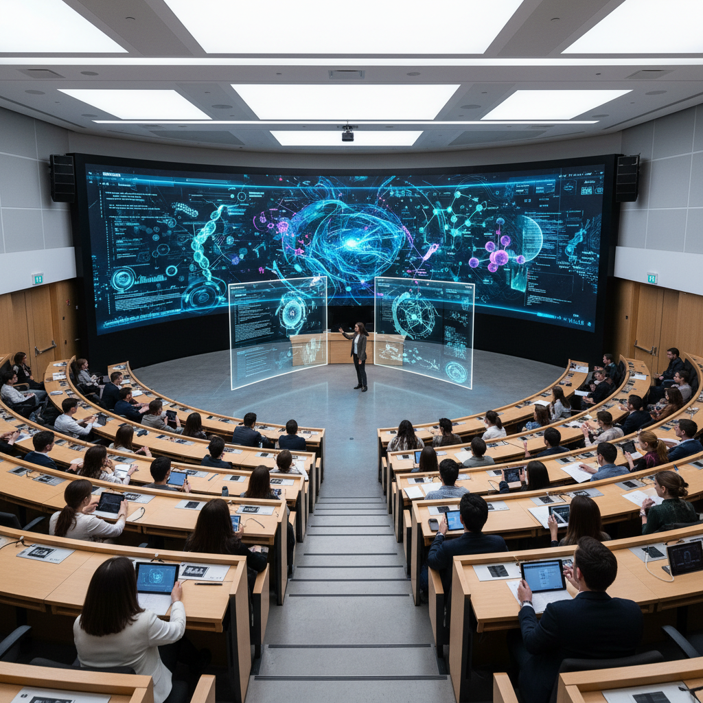 Modern university lecture hall with large projection screens showing digital content, rows of students at laptops, bright overhead lighting, contemporary academic environment