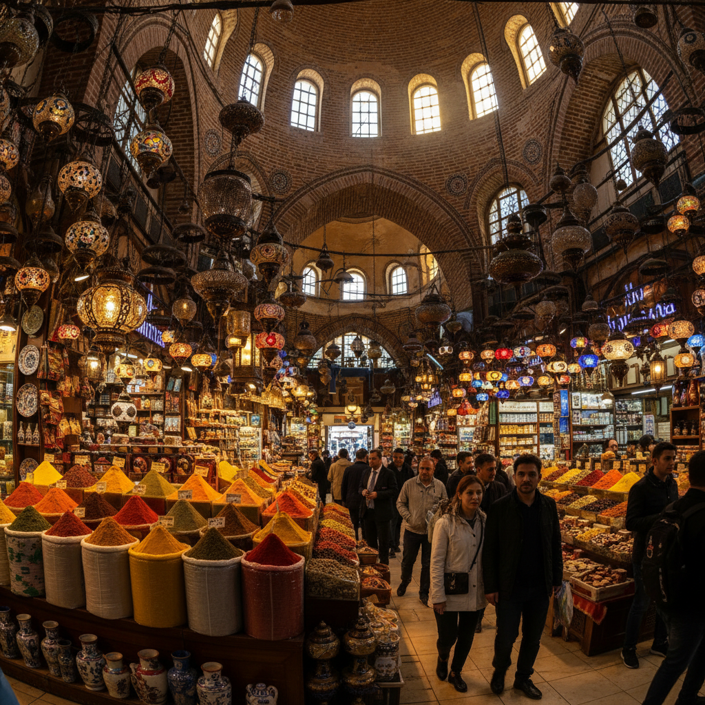 Grand Bazaar Istanbul interior, warm atmospheric lighting, deep shadow arched corridors