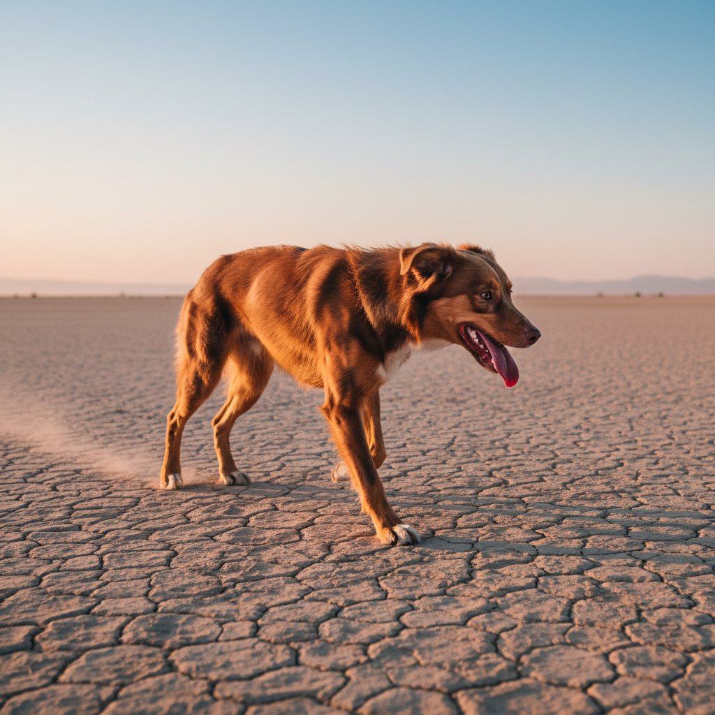 Lean Australian Shepherd mid-stride across sun-cracked desert hardpan at sunrise, copper coat gleaming, tongue out, muscles visible beneath a glossy coat, shot from near ground level with a thin pink horizon ribbon