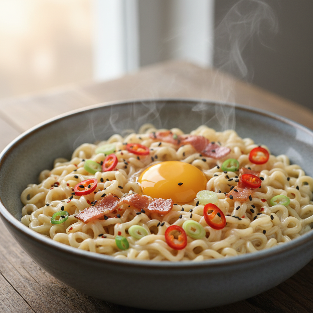 Creamy white carbonara style spicy Korean instant noodles in bowl