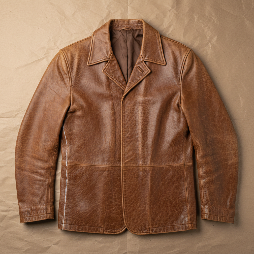 1970s brown leather jacket on kraft paper with side seam chalk marks