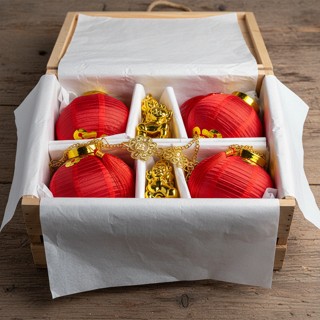 Neatly packed delivery crate with tissue-wrapped red silk lanterns and gold decor items