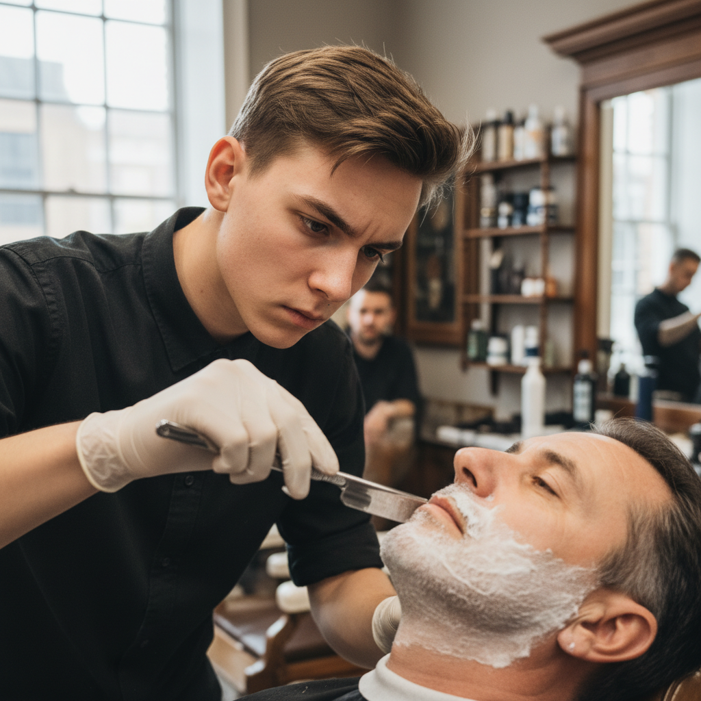 Student barber performing first straight razor shave with focused expression