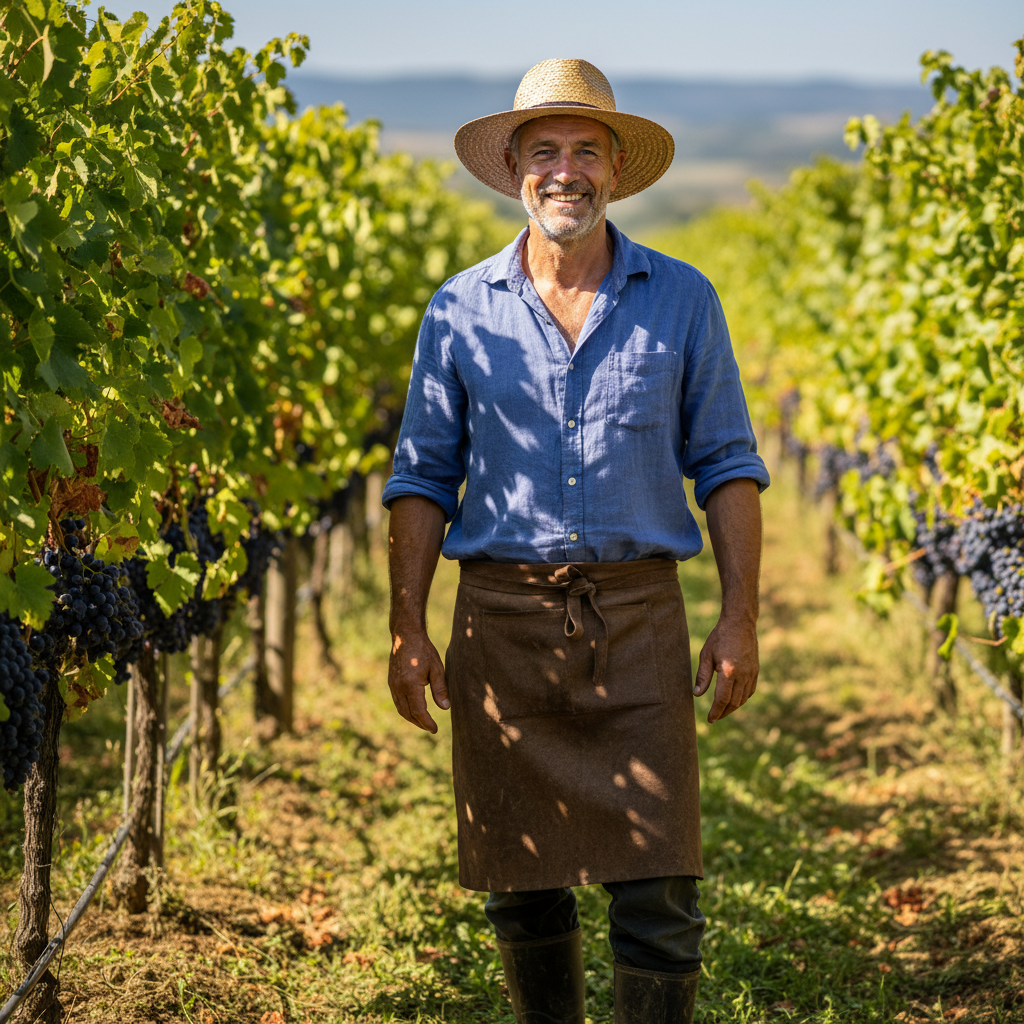 Young man with short brown hair and warm smile wearing casual button-down shirt in outdoor vineyard setting with natural lighting