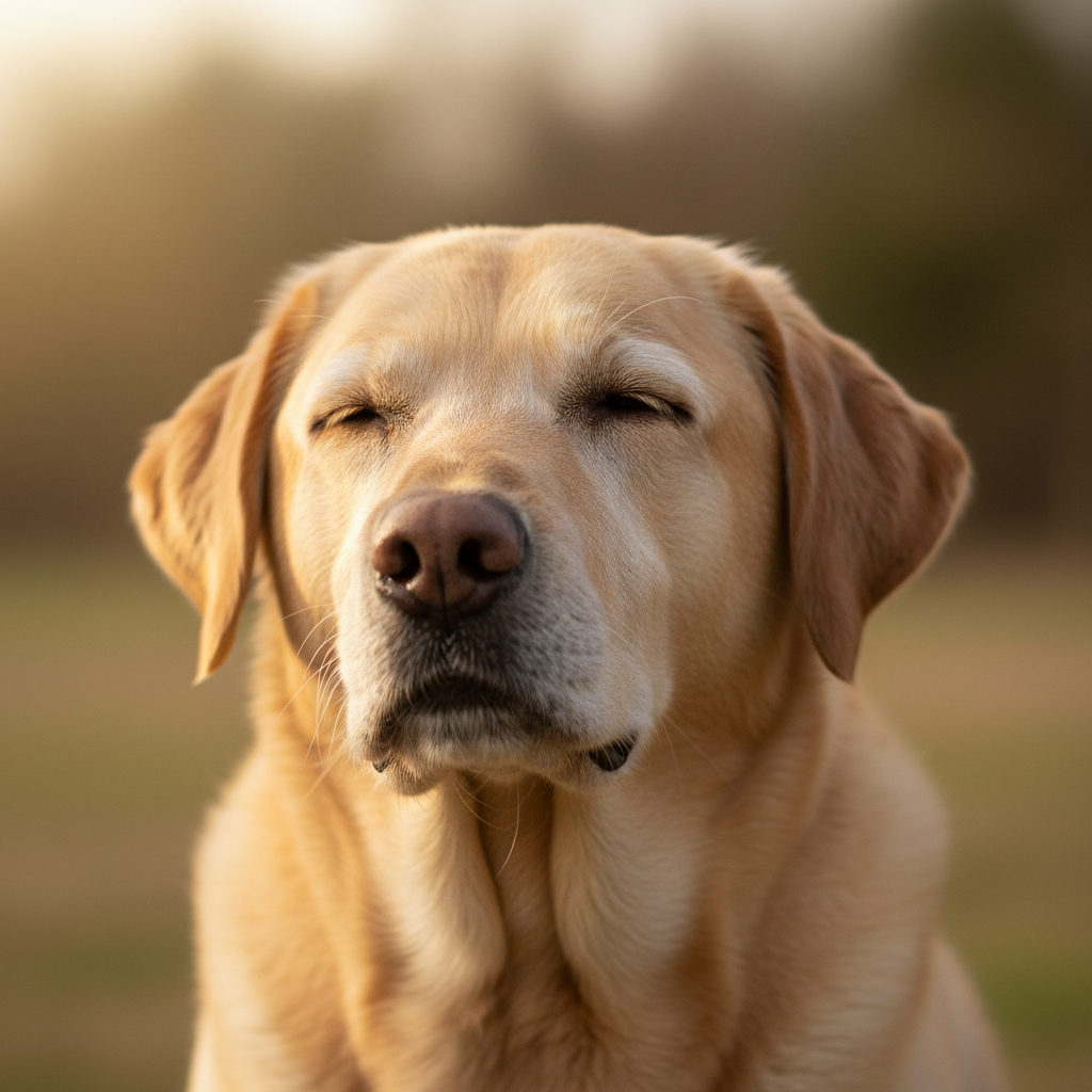 Senior Labrador squinting contentedly in warm afternoon sun