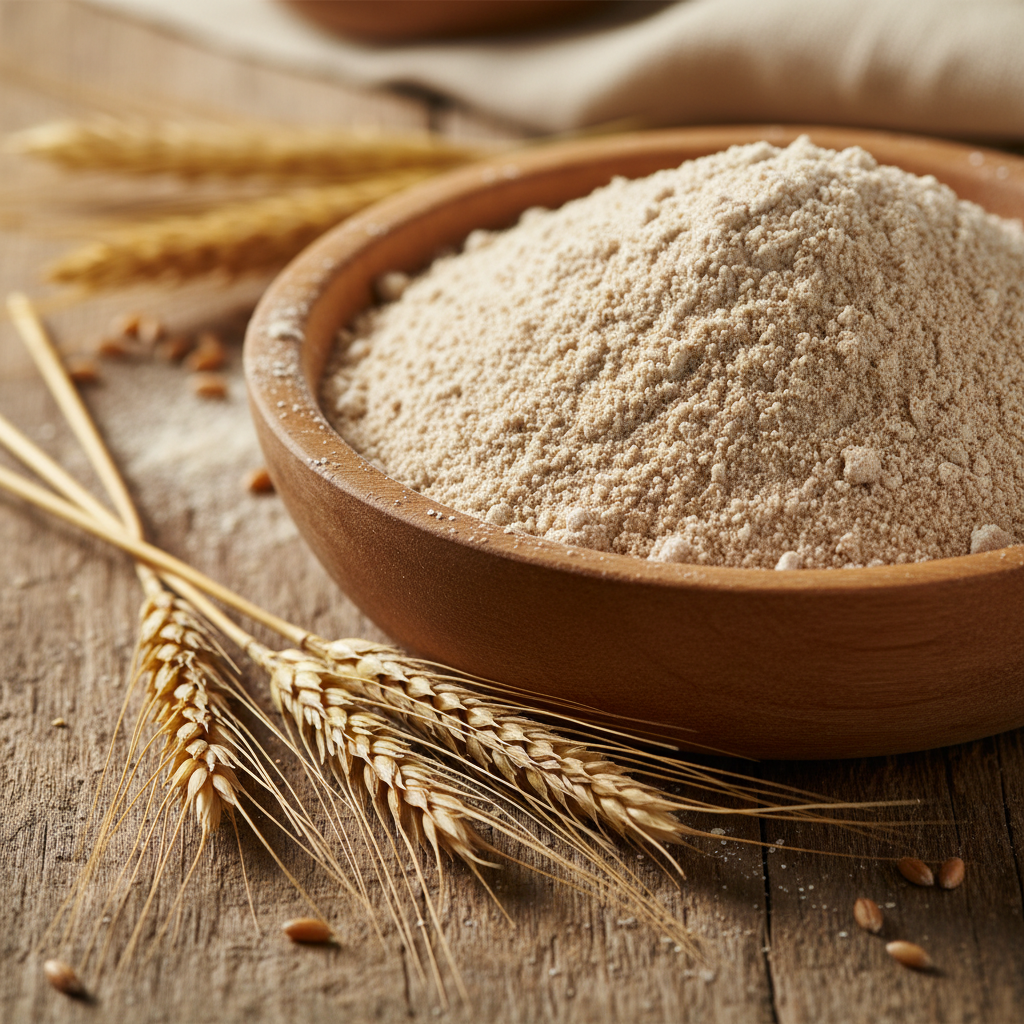 Whole wheat flour in wooden bowl with wheat stalks in warm light