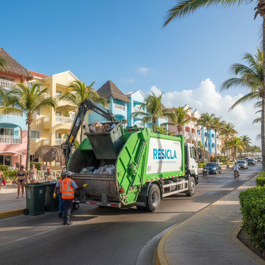 Heavy-duty green waste collection truck on a road near coastal landscape in natural light
