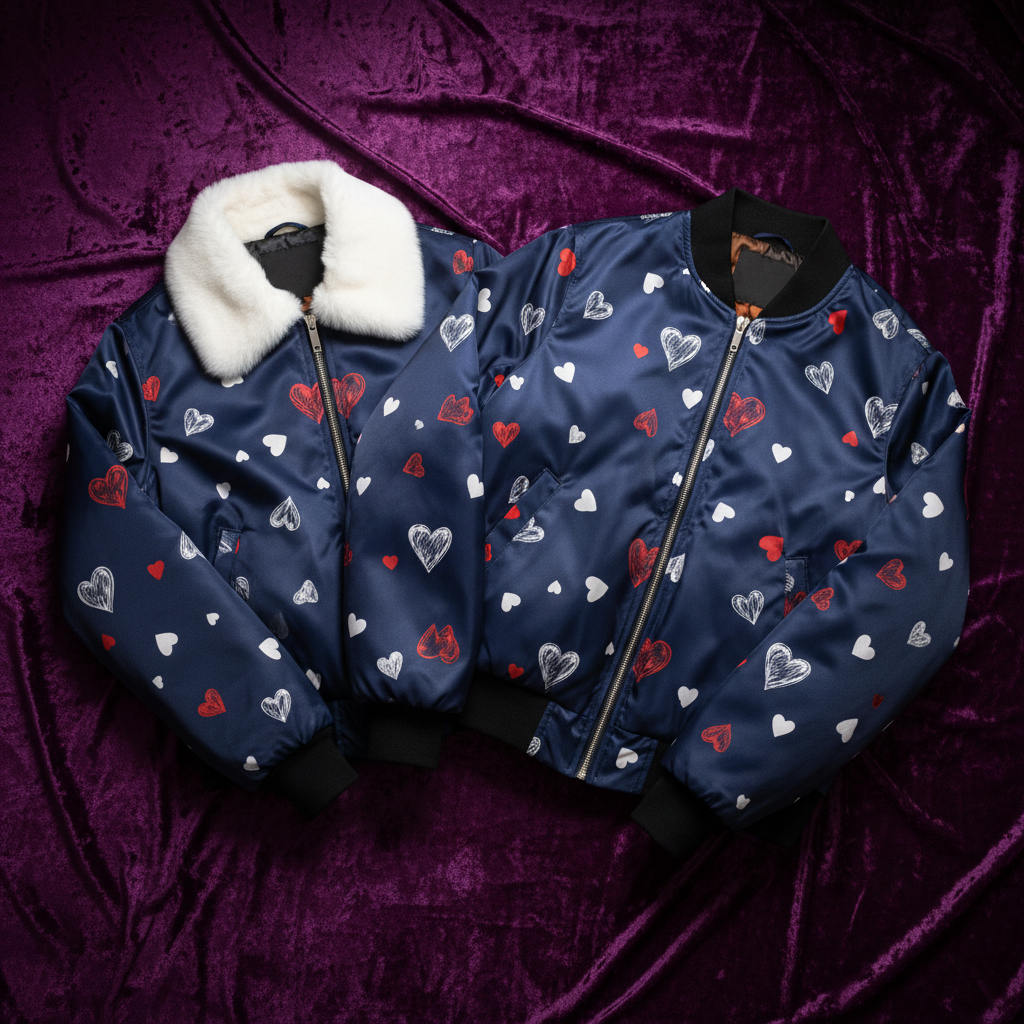 His-and-hers heart-print bomber jackets laid on a dark velvet surface with gold accessories