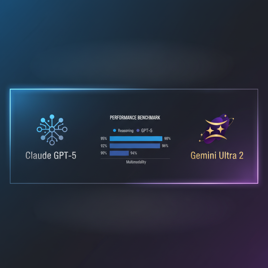 Claude GPT-5 and Gemini Ultra 2 logos with benchmark comparison chart
