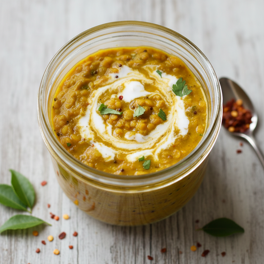 Warm overhead red lentil dahl with coconut milk in ceramic bowl, warm kitchen lighting