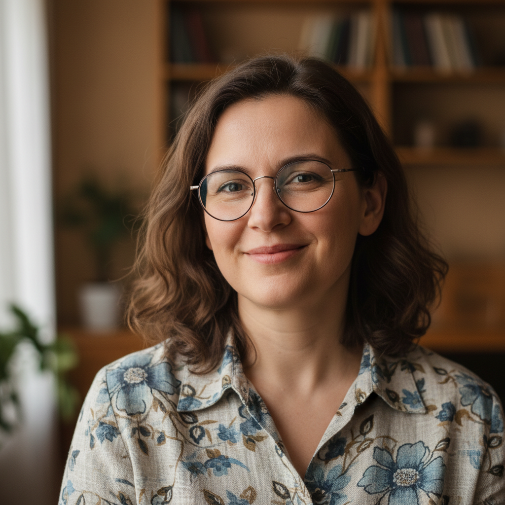 Professional portrait of young Romanian woman with warm smile, clean minimal background
