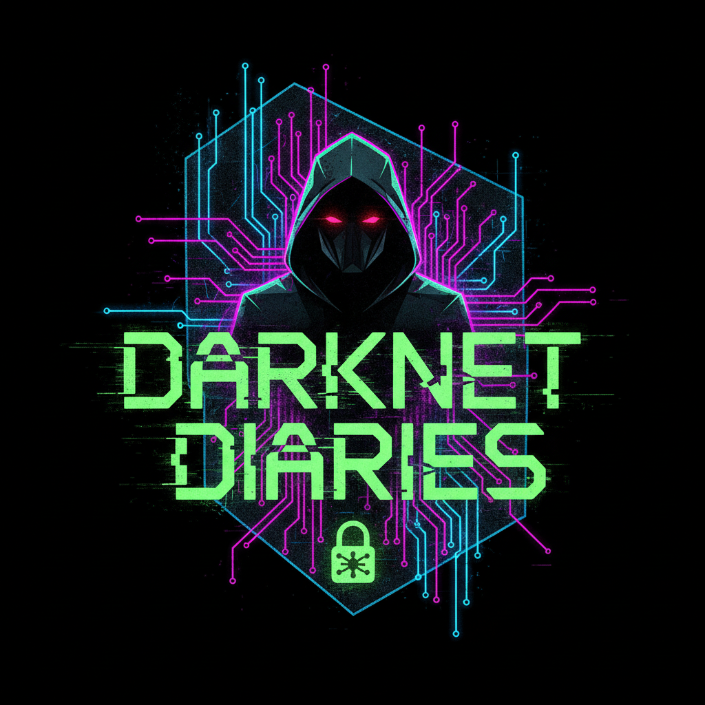Dark cybersecurity themed image with neon green text on black representing Darknet Diaries