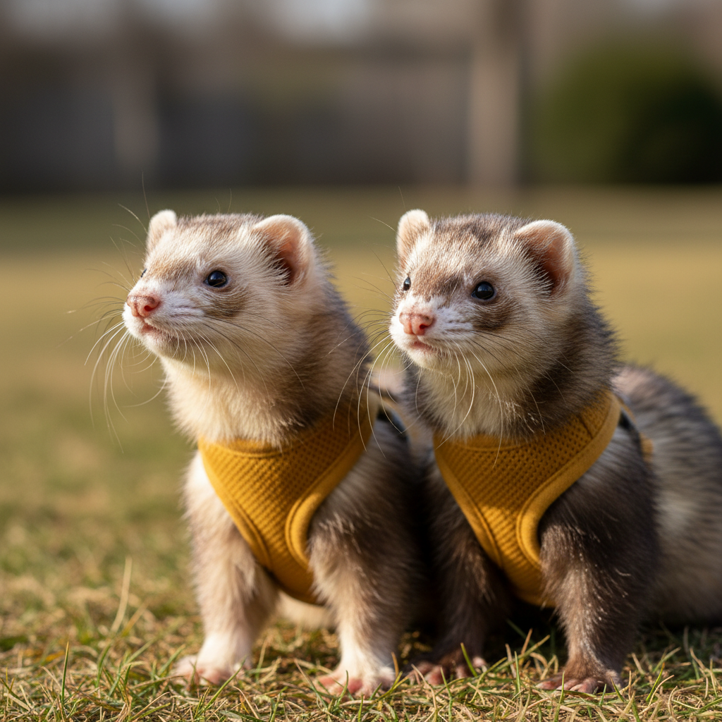 Two ferrets wearing matching mustard harnesses side by side
