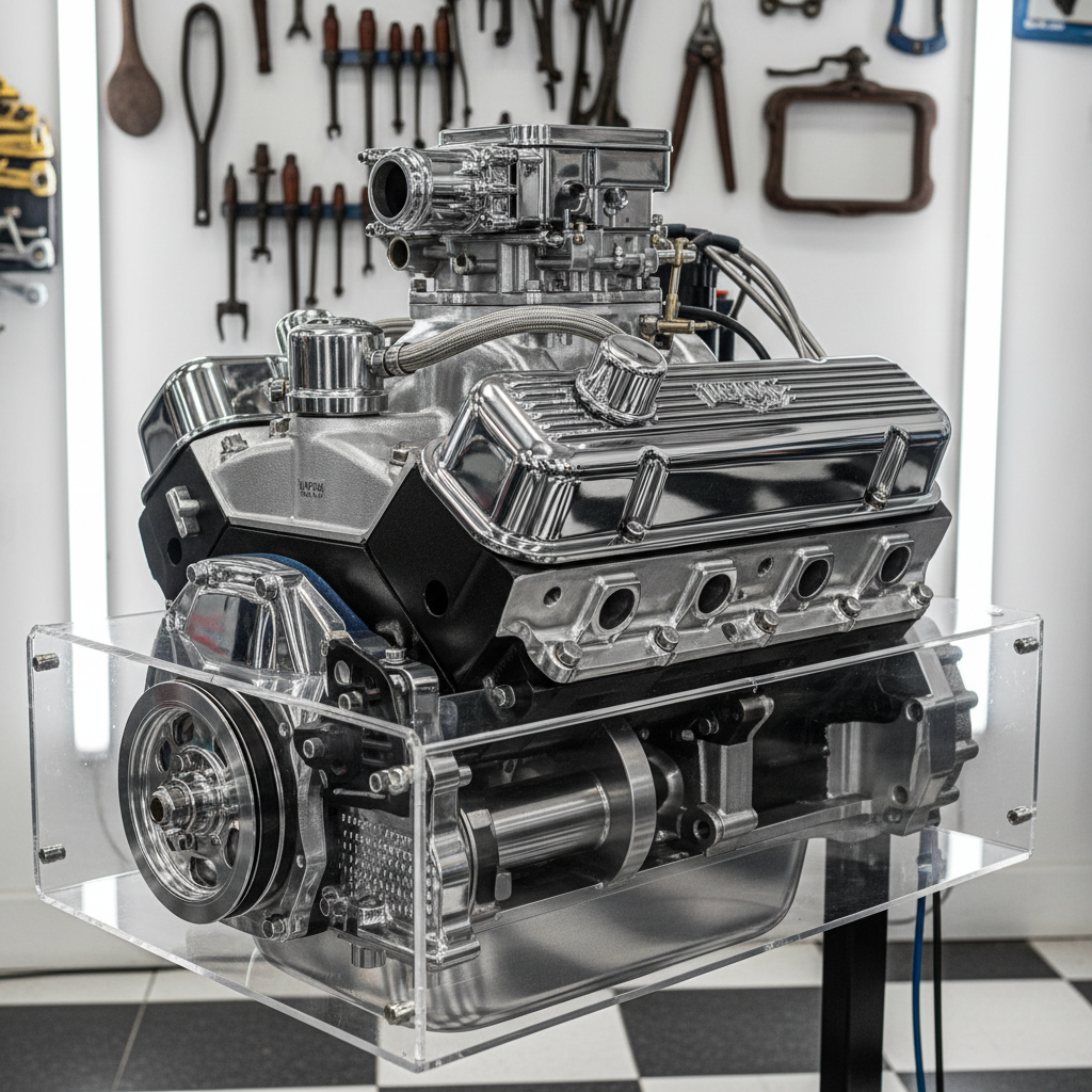 Classic car restoration workshop with tools and disassembled engine