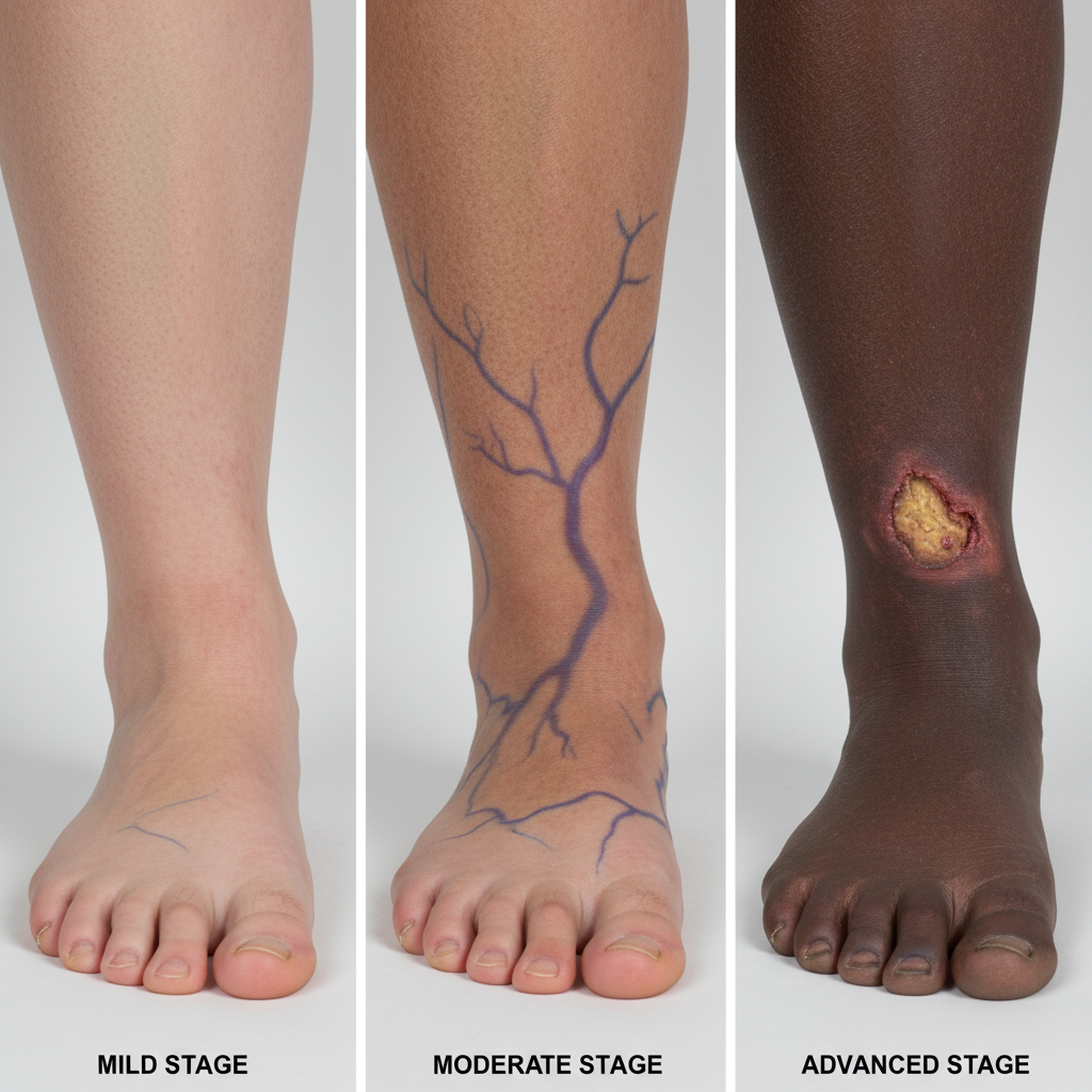 Three side-by-side images of a foot showing mild, moderate, and advanced stages of venous insufficiency
