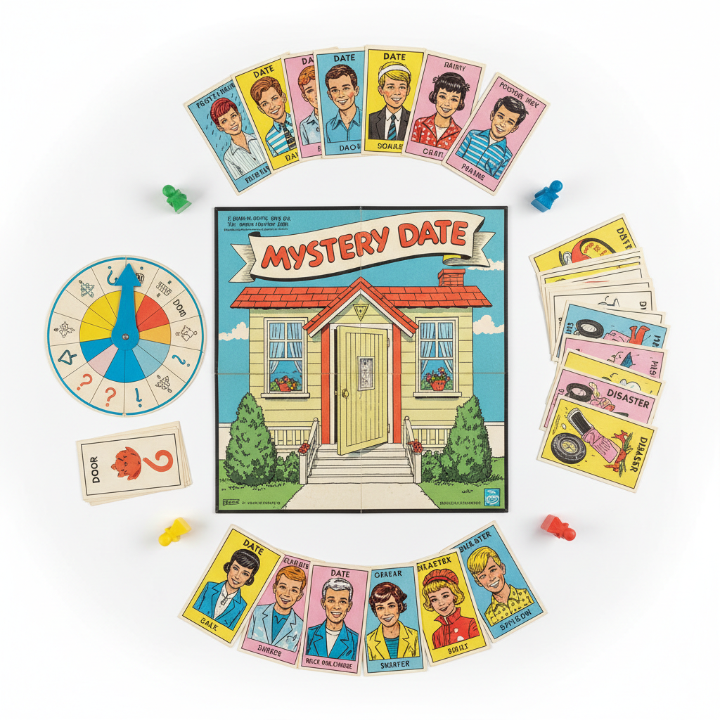Complete 1960s Mystery Date board game with all cards and original spinner