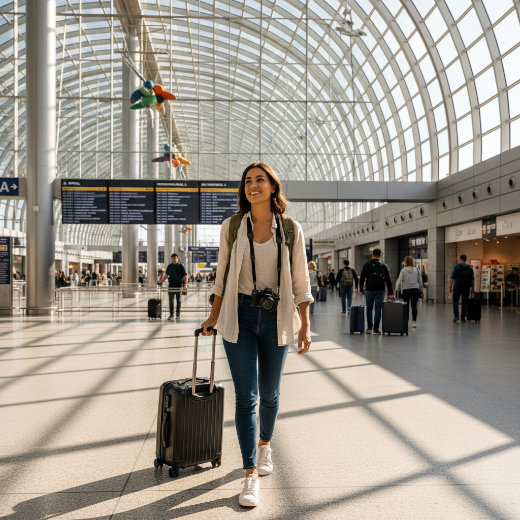 Happy traveler at airport looking at departure board with luggage