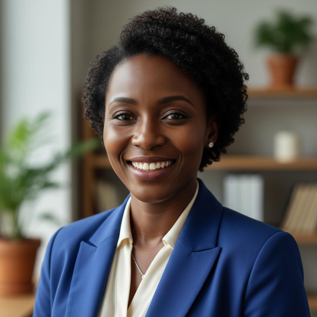 Ghanaian woman in her early 30s with confident smile, corporate professional