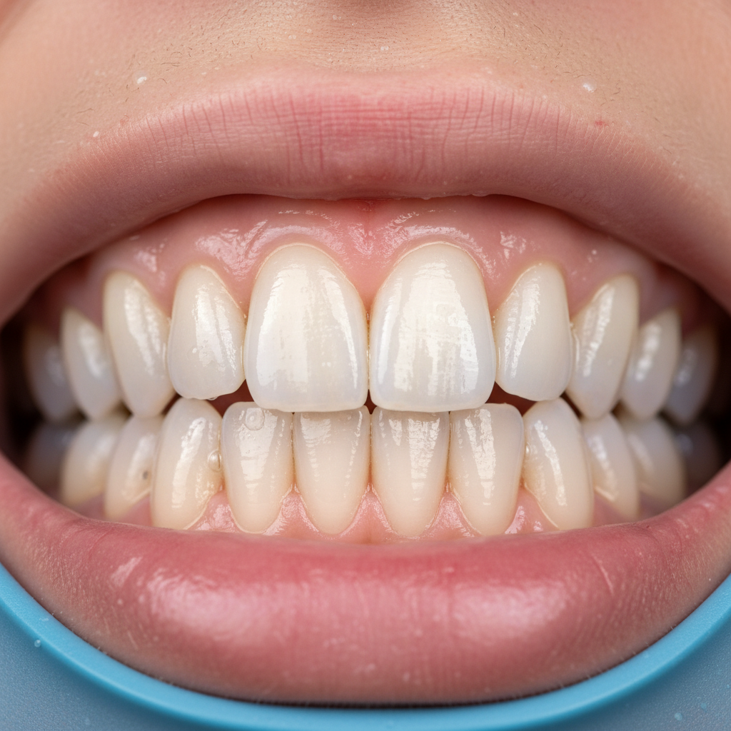 Bright dental whitening treatment with LED light, clean clinical setting, white teeth close-up
