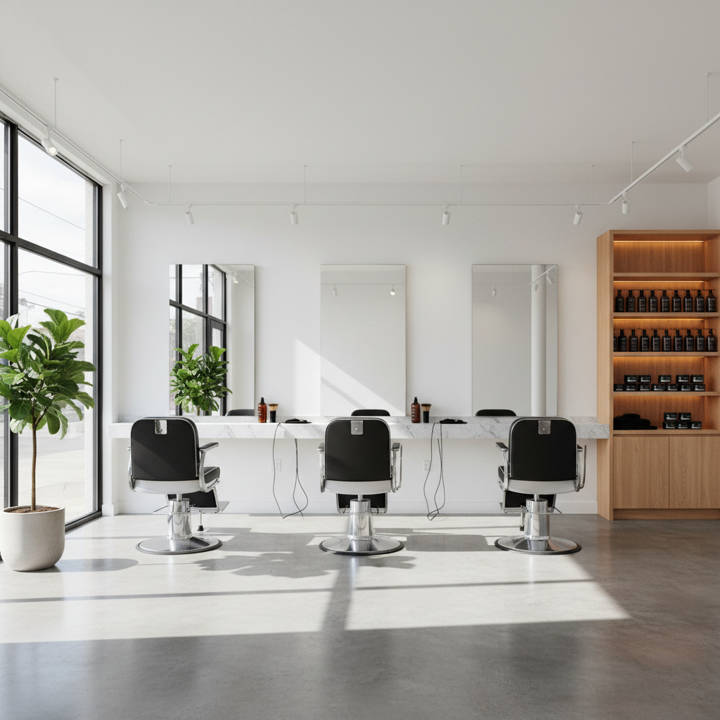 Clean minimalist barbershop with white walls, simple chairs, and soft afternoon light