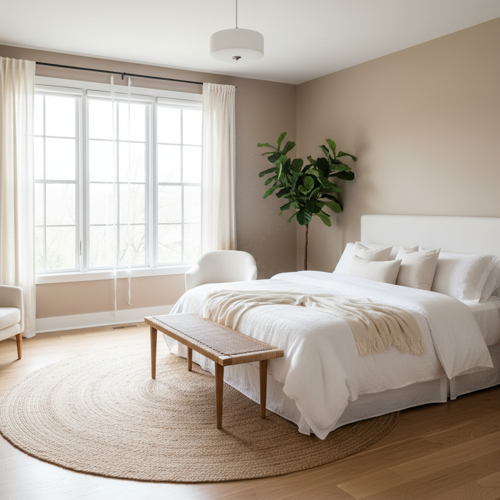 Luxury master bedroom with panoramic windows, light walls, bright natural sunlight flooding in