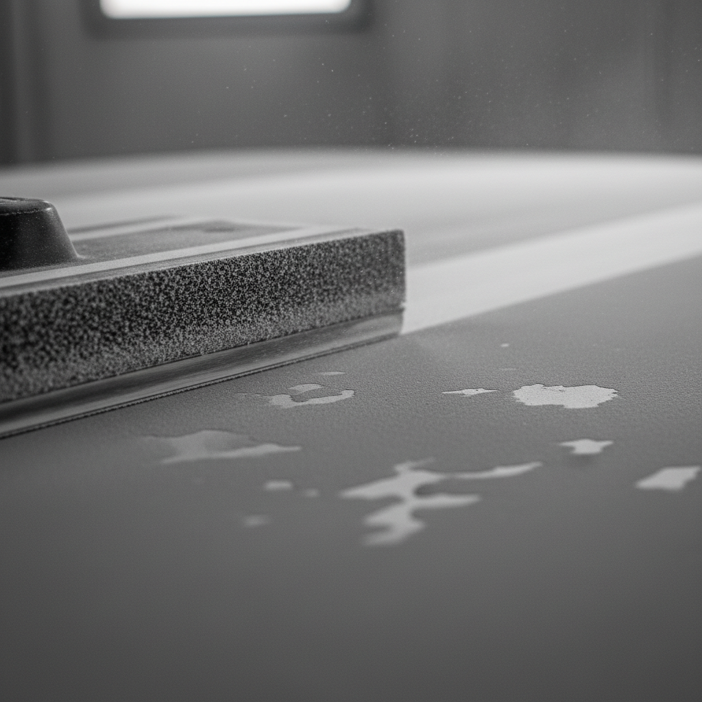 Long sanding block moving across grey primer surface under raking booth light, showing low spots as darker patches